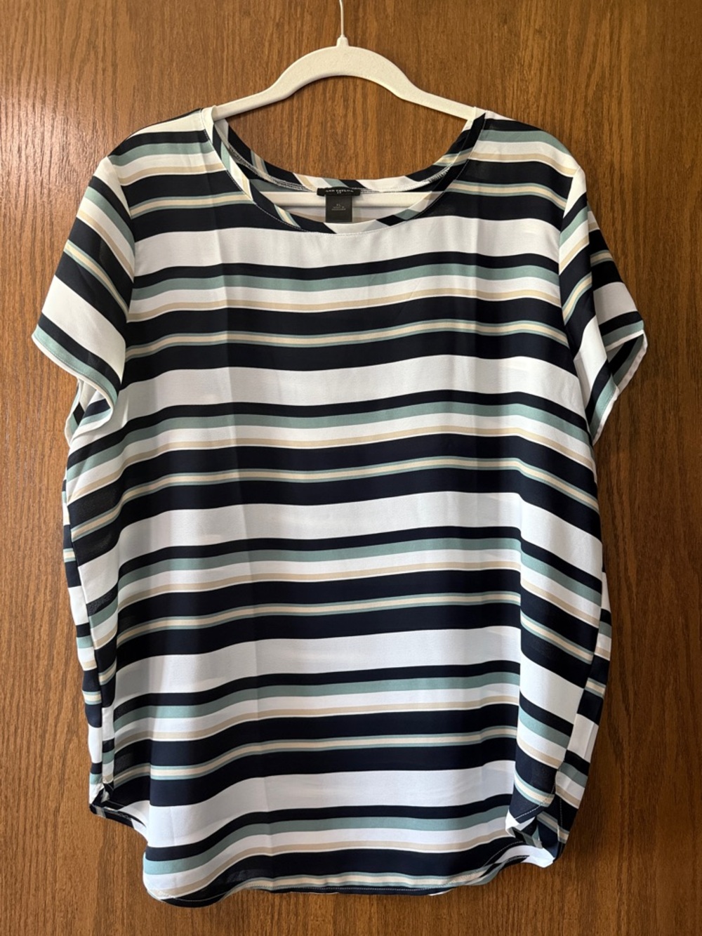 Ann Taylor Striped Short-Sleeve Blouse in White, Navy & Soft Green